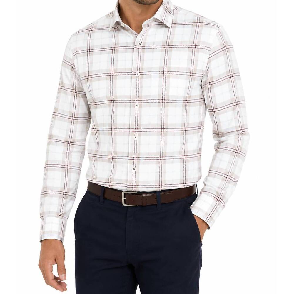 NEW ETERNA premium plaid twill modern fit dress shirt in white/ brown
